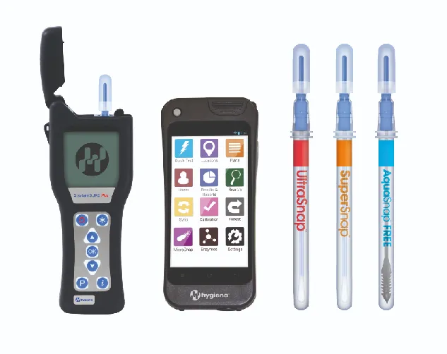 various kinds of hygiene monitoring equipment: swabs; small handheld computer with touch screen