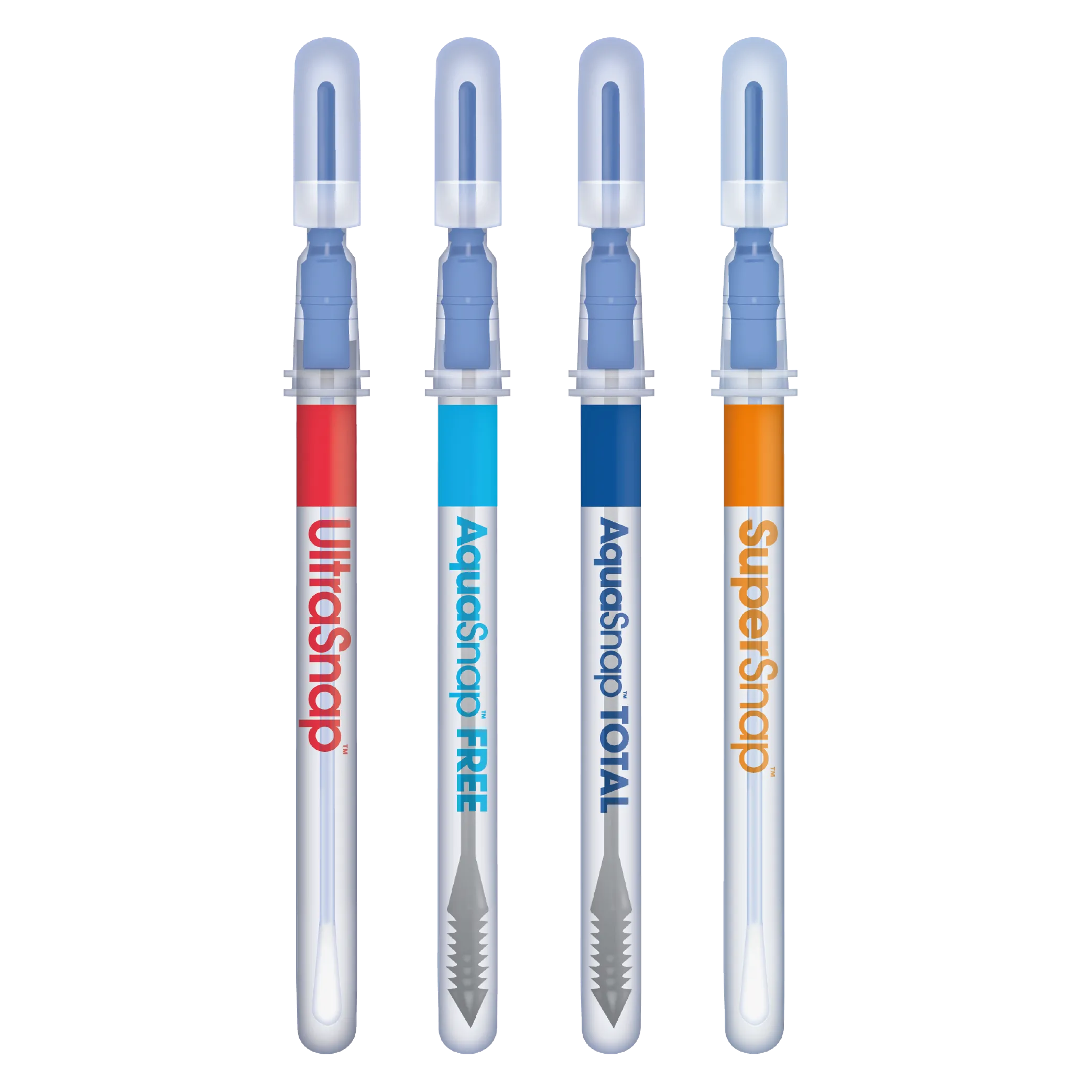 four different types of hygiene monitoring swabs: ultrasnap, aquasnap FREE, aquasnap TOTAL, supersnap