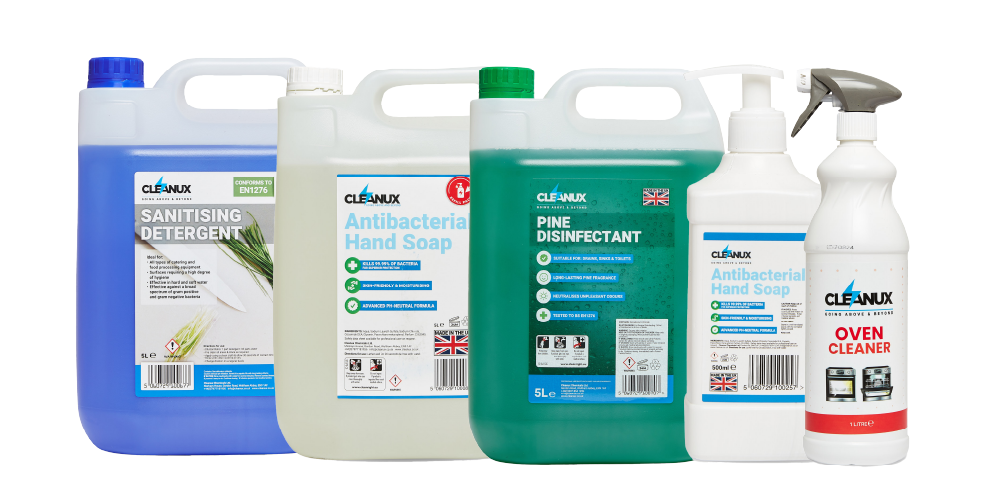 Variety of 'Cleanux' branded cleaning supplies e.g. 2 litre jug of antibacterial hand soap, oven cleaner spray